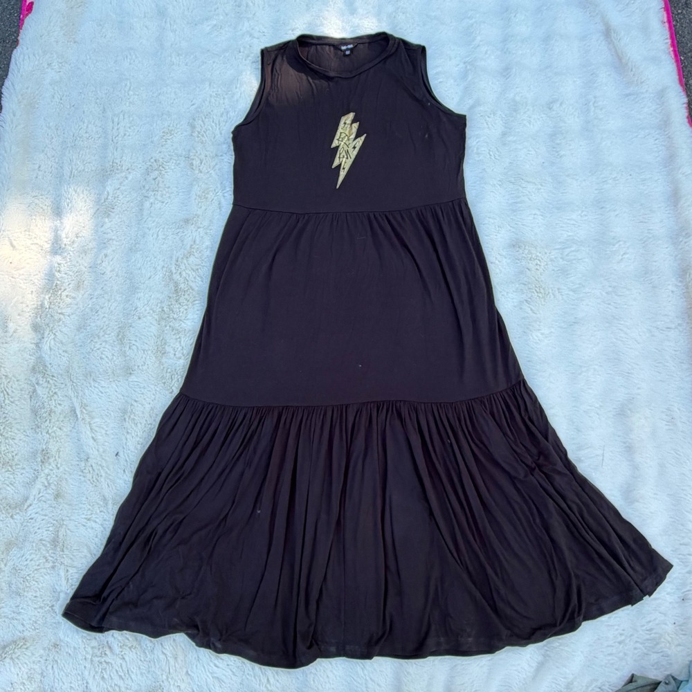 Saint + Sofia Rock Roll Lightning Bolt Maxi Dress Black Tiered Sleeveless 12 XL